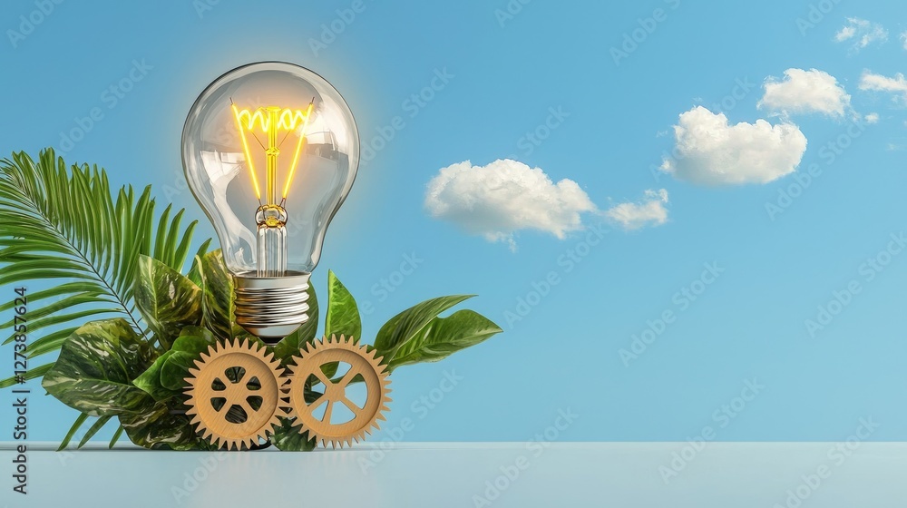 Poster a creative business idea concept with a lightbulb connected to floating gears, symbolizing teamwork 