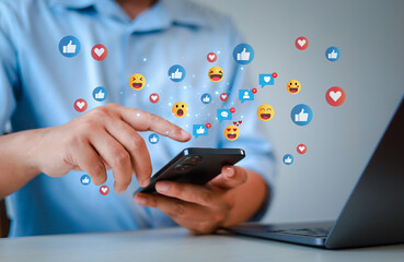 Man using smartphone in chat box and icons. Social media technology concept.