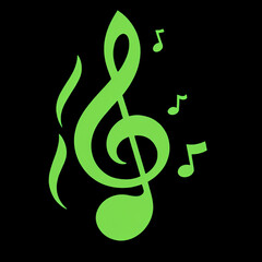 A vibrant green treble clef takes center stage, surrounded by smaller musical notes against a solid black backdrop.