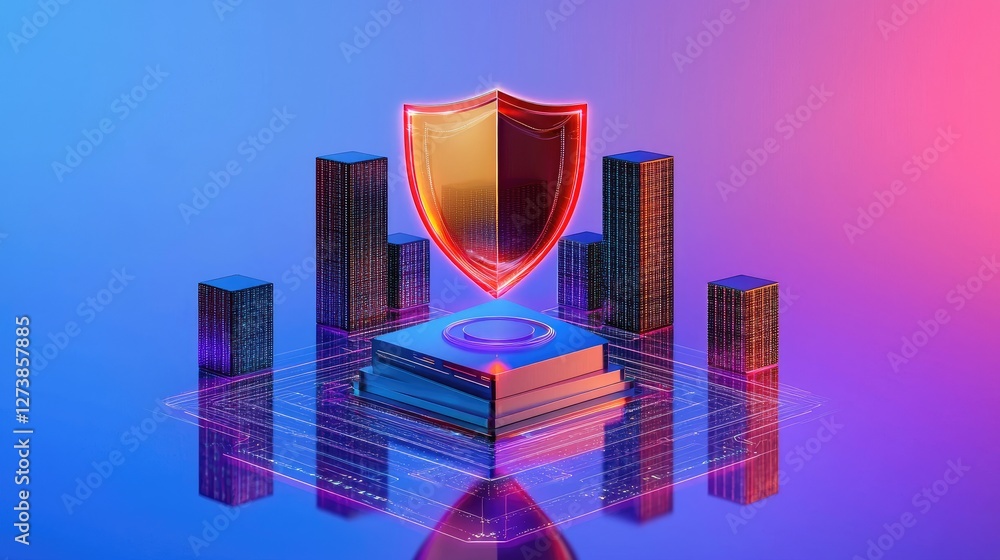 Poster a cybersecurity concept with a protective shield and digital servers, representing secure data stora