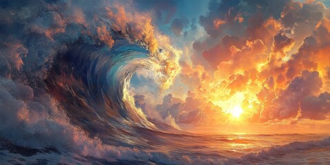 Fototapeta premium Fiery sunset ignites the sky in vibrant oranges, pinks, and blues; a dynamic digital masterpiece capturing nature's breathtaking beauty. Hints of cool blues add depth to the warm hues