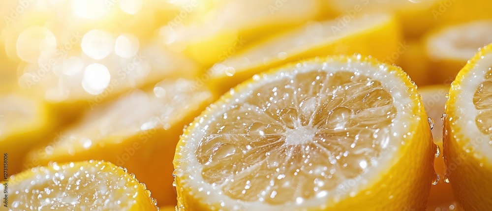 Poster bright lemon slices with water droplets capturing freshness and vibrant color in macro detail