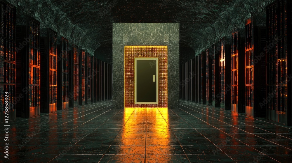 Poster a dark background with an illuminated security shield and protected digital data infrastructure.
