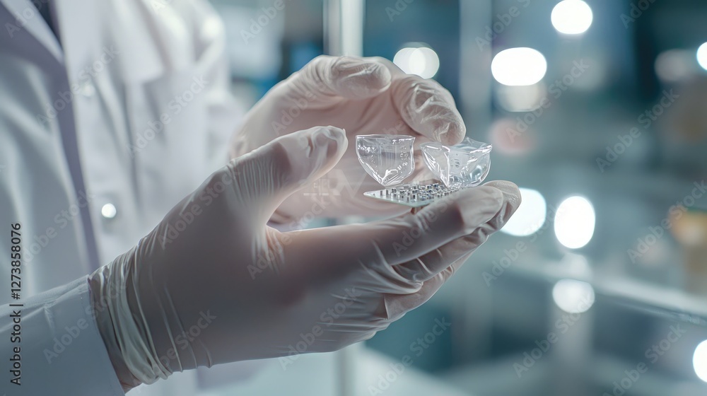 Poster scientist examining microscopic transparent components in a laboratory