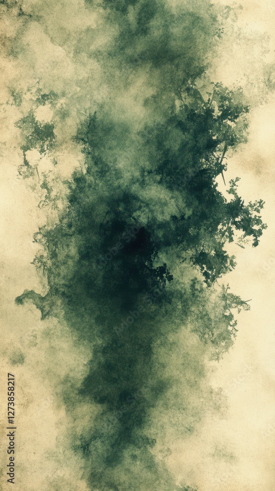 Poster abstract composition showcasing dark foliage immersed in ethereal mist at twilight creating a myster
