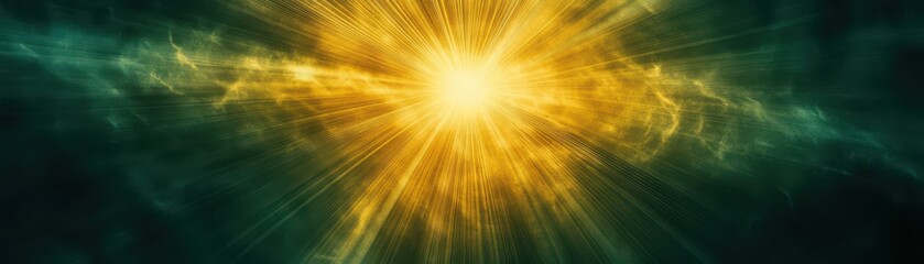 Fototapeta premium Golden sunburst over a dark green misty texture, divine and luxurious
