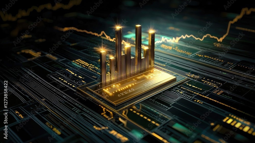 Poster a digital financial chart with glowing lines and data visualization on a dark background, showing ri
