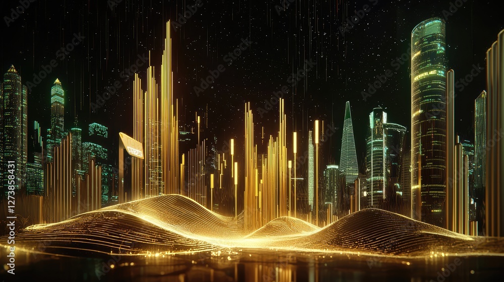 Poster a digital financial chart with glowing lines and data visualization on a dark background, showing ri