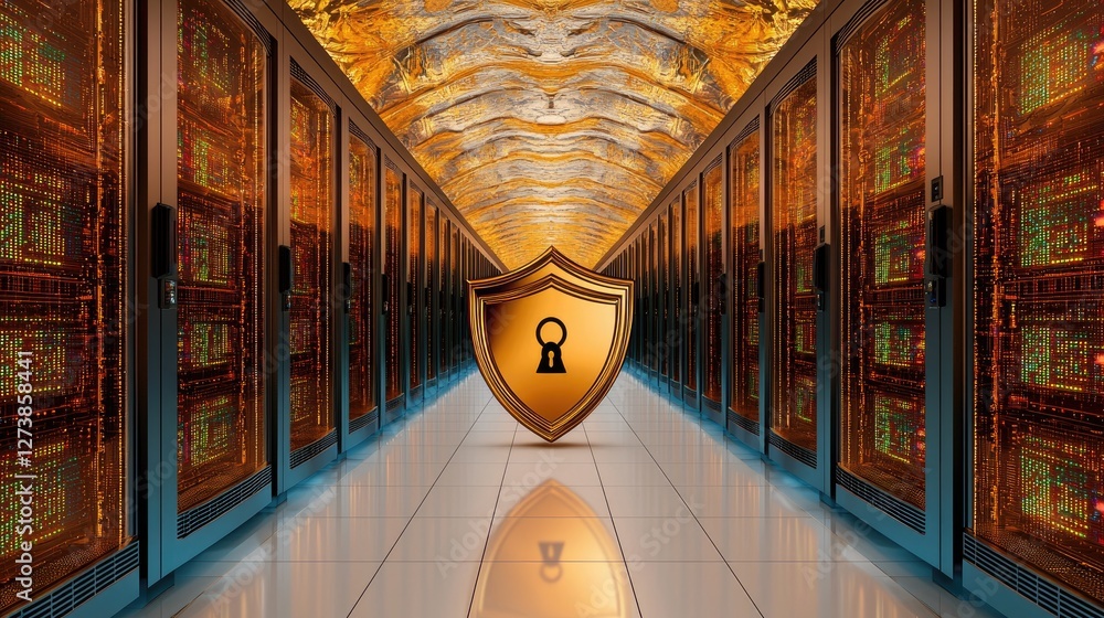 Poster a digital lock and shield symbolizing cybersecurity, with servers and data protection technology in 