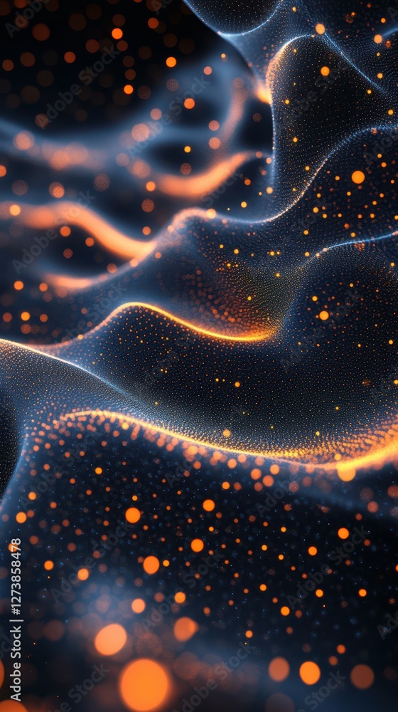 Poster abstract representation of flowing waves with glowing particles in dark shades creating a mesmerizin