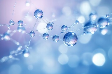 Dew drops creating a network on a spiderweb in blue and pink pastel colors