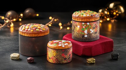 Three Festive Decorated Cakes on Display with Holiday Ornaments in Dark Setting