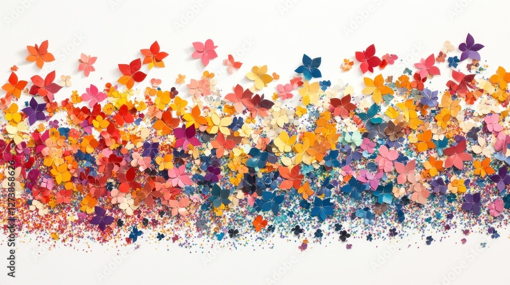 Poster a vibrant arrangement of colorful paper butterflies and flowers creating a lively visual display.