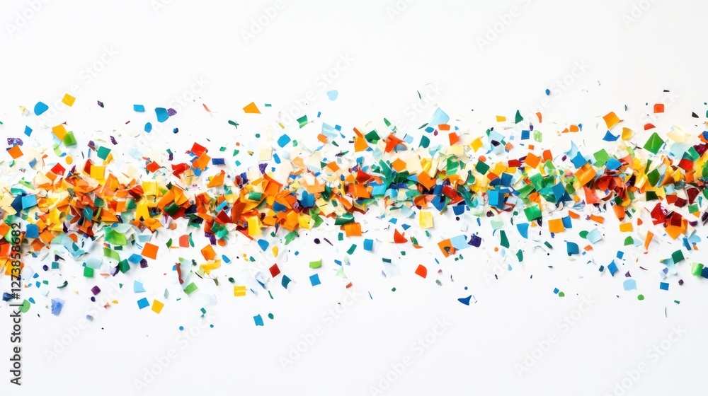 Poster a vibrant array of colorful confetti scattered across a white background.