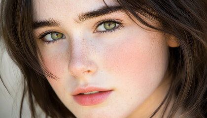 Obraz premium Close-up portrait of a young woman with expressive green eyes.