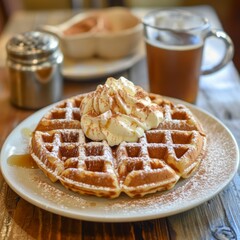 Freshly Baked Cinnamon Spice Waffle With Warm Syrup And Cream