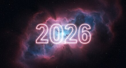 Glowing neon 2026 text in a cosmic nebula background, new year 2026 concept.