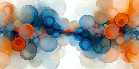 Vibrant abstraction with interlocking orange, blue, and gray circles, creating dynamic depth and visual intrigue in this mesmerizing digital artwork