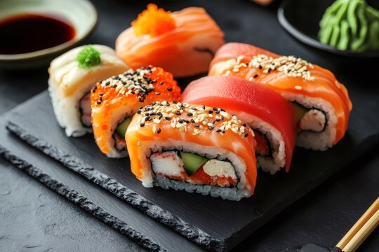 Delicious set of uramaki sushi rolls with salmon, tuna, and sesame seeds on a slate plate
