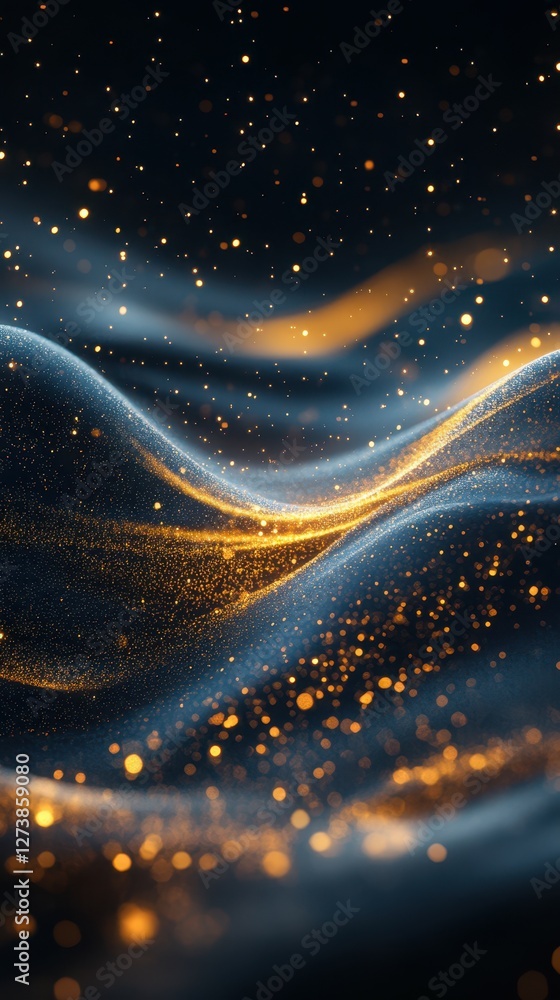 Poster swirling particles create dynamic waves of golden light against a deep blue background in an abstrac