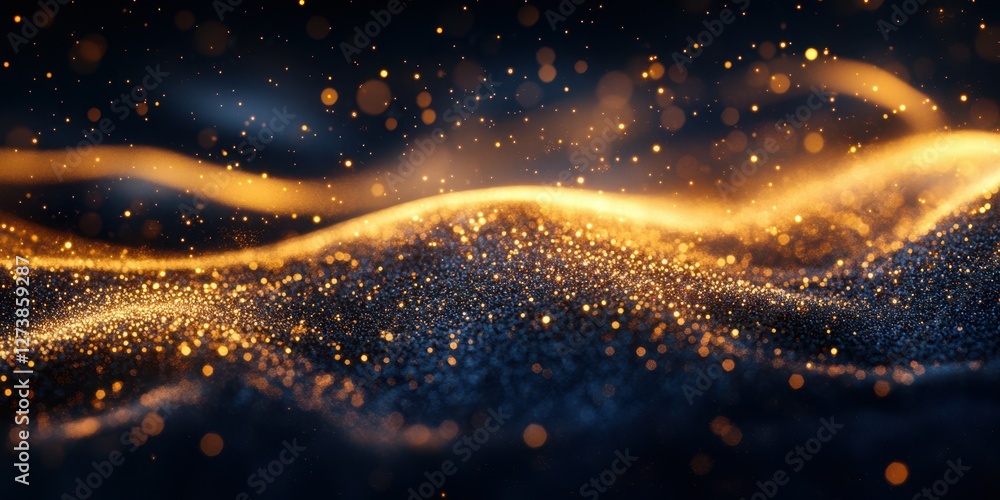 Poster golden particles swirl and dance on a dark background, creating a mesmerizing wave-like effect at ni