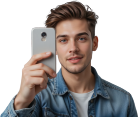 Young Man Holding Smartphone Casual Denim Shirt Close up Portrait Smiling Technology
