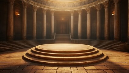 Obraz premium A large circular platform with steps in the center of ancient Greek-style library, illuminated by soft lighting from candles and lamps on the walls. The background is a dark blue with columns.