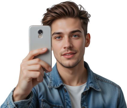 Young Man Holding Smartphone Casual Denim Shirt Close up Portrait Smiling Technology