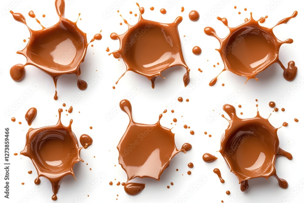 Aufkleber six dynamic caramel splashes on a clean white background creating a visually appealing pattern