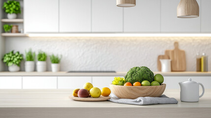 Sunlit kitchen tableau presenting fresh produce arrangement on a countertop backdrop