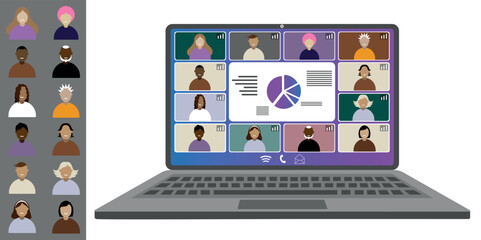 Video call conference, working from home. Colleagues of different nationalities and ages talk to each other on the laptop screen. Isolated illustration on white background in flat style trendy colors