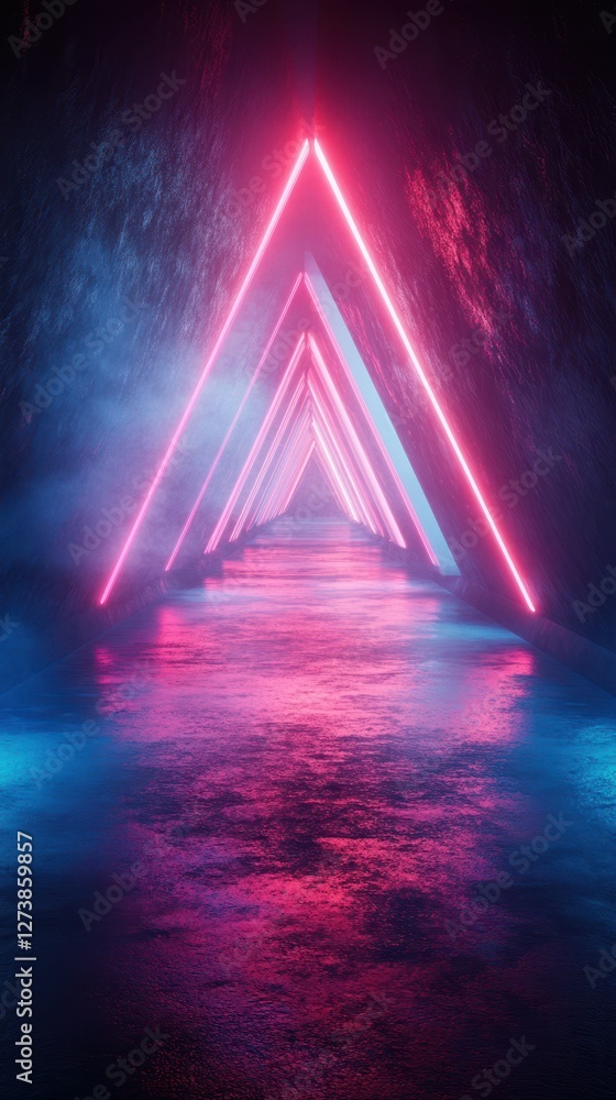 Poster neon-lit triangular corridor with vibrant lighting creating a futuristic atmosphere