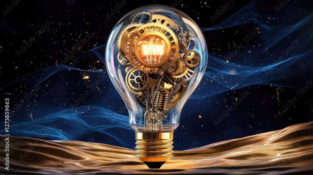 Aufkleber a futuristic design featuring a lightbulb filled with mechanical gears, representing bright ideas an