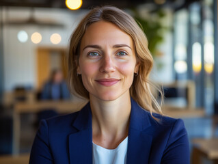 Obraz premium a portrait of an office manager in modern office setting, blured background, in a blue suit