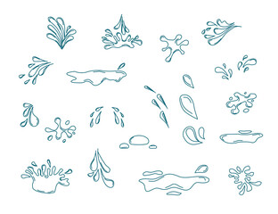 Obraz premium Set of waterdrops. Hand drawn waterdrop illustration. Set of versatile water splash vector illustrations. Collection of light blue water droplet and splash vector graphics.