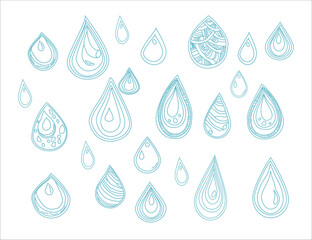 Set of waterdrops. Hand drawn waterdrop illustration. Set of versatile water splash vector illustrations. Collection of light blue water droplet and splash vector graphics.