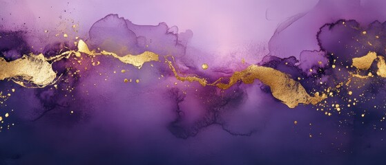 Obraz premium Gold foil abstract shapes over a deep purple watercolor background, artistic luxury
