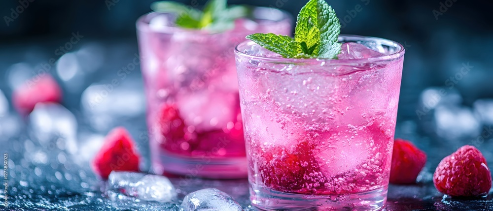 Aufkleber refreshing raspberry cocktail with ice and mint garnish on dark background for summer vibes