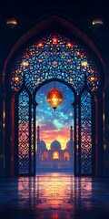 Ramadan Joy Depicted Through a Vibrant Celebration of Lights and Lanterns.