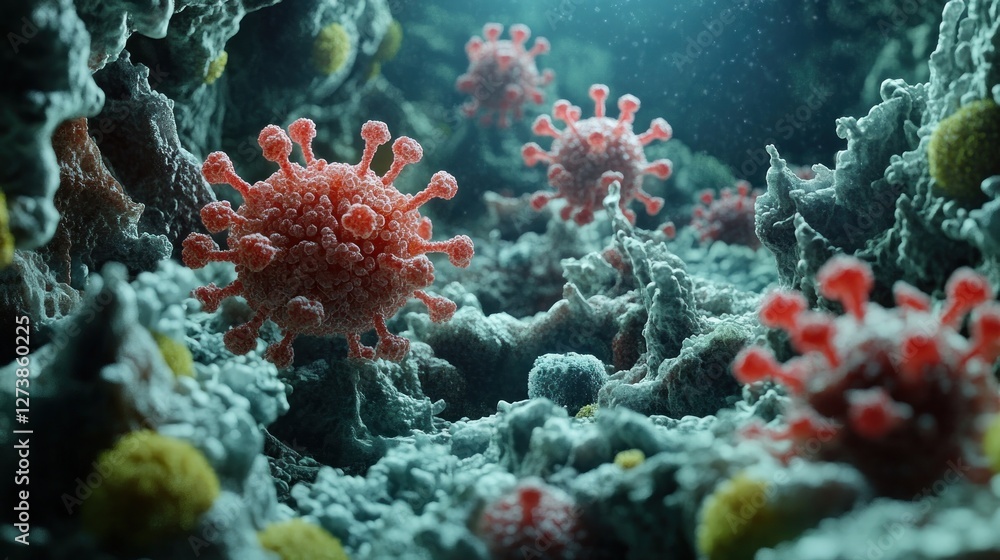 Poster microscopic view of virus particles in a textured environment.