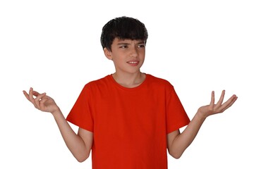 communication and adolescence. preteen with a gesture of doubt, strangeness and incomprehension