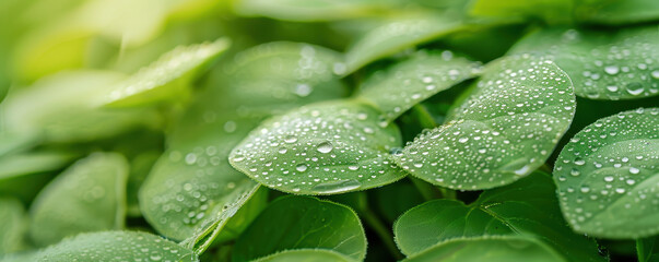 Dew covered leaves shimmering in soft morning light