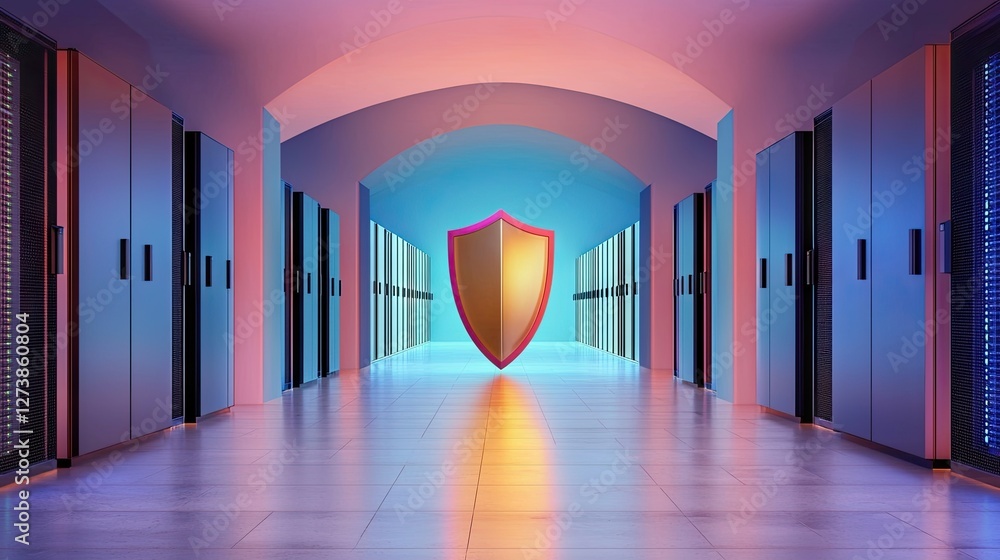 Poster a futuristic server room with a glowing security shield symbolizing advanced data protection in a di