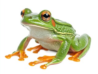 Obraz premium Green frog with orange feet is standing on a white background. The frog has a curious expression on its face