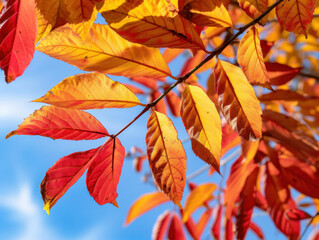 Vibrant red and gold autumn leaves against clear blue sky