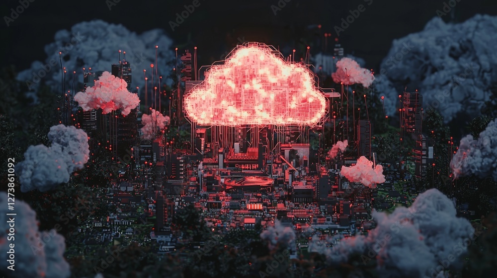 Poster a cloud environment's architecture is illustrated in 3d, with the technical drawing displaying the m