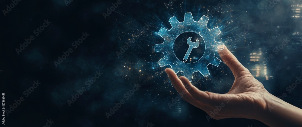 Poster a business executive taps a technical support icon and explores internet technology on a virtual int