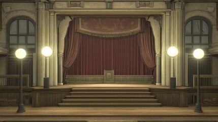 Fototapeta premium Antique Theatre Stage with Red Velvet Curtain and Marble Detail with Stairway