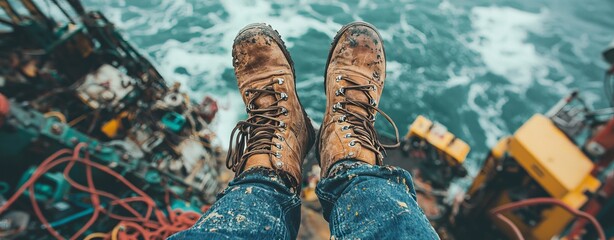 The image of an engineer in a factory, with a close-up on their boots, emphasizes that technical experience alone is not enough, and skills are also required