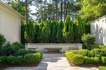 Fototapeta premium Beautiful garden space with lush greenery and seating area for relaxation and enjoyment in a serene setting during daylight hours